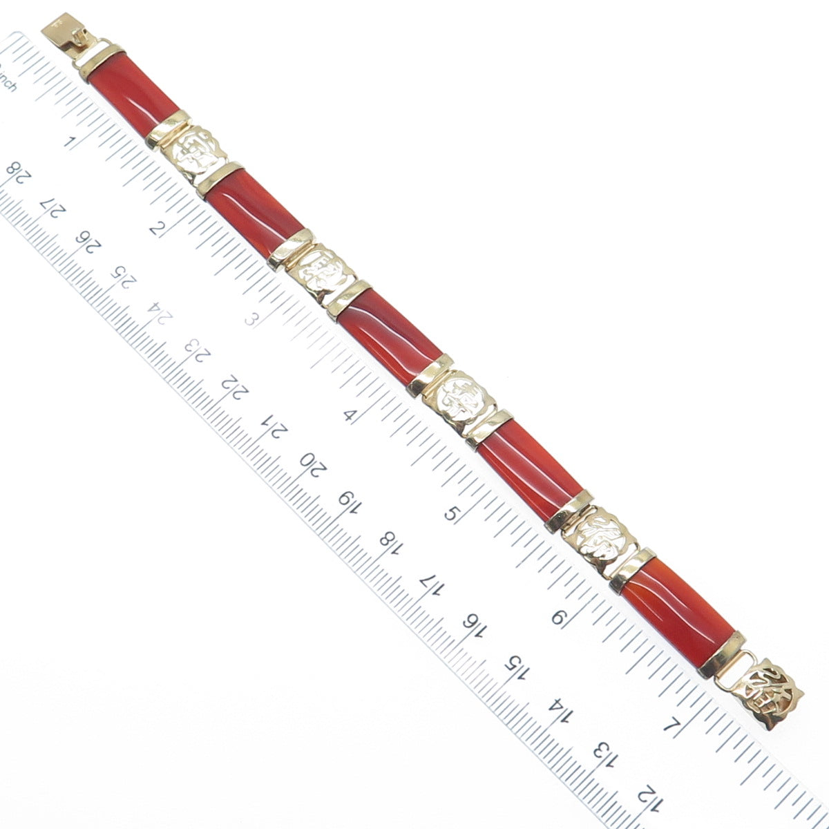 925 Sterling Gold Plated Vintage Real Carnelian Chinese Character Bracelet 7"