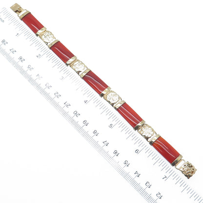 925 Sterling Gold Plated Vintage Real Carnelian Chinese Character Bracelet 7"