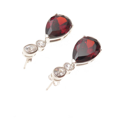925 Sterling Silver Vintage Real Red Garnet & C Z Teardrop Dangle Earrings