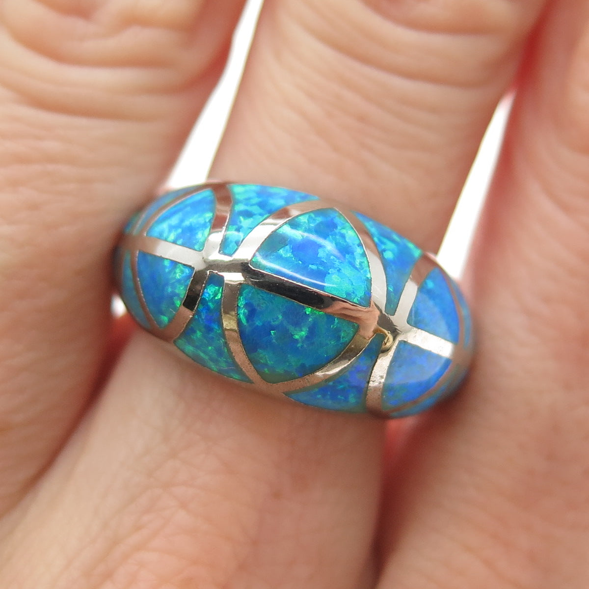 FD FELICIA DESIGN 925 Sterling Silver Vintage Real Opal Dome Ring Size 9.25