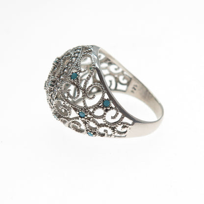 925 Sterling Silver Vintage Real Turquoise Filigree Dome Ring Size 7.75