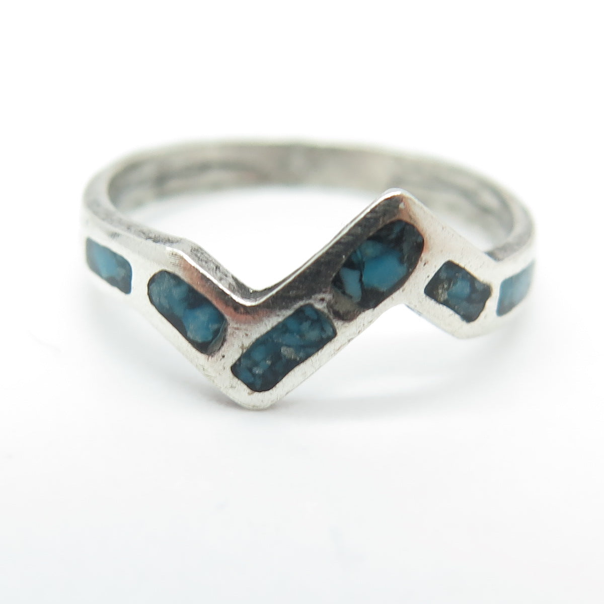 Old Pawn Sterling Silver Vintage Bisbee Turquoise Inlay Zig Zag Ring Size 6.5