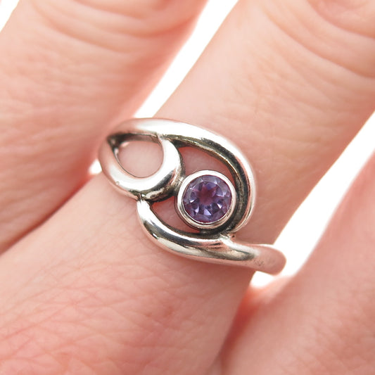 925 Sterling Silver Vintage Real Amethyst Modernist Swirl Ring Size 6.75