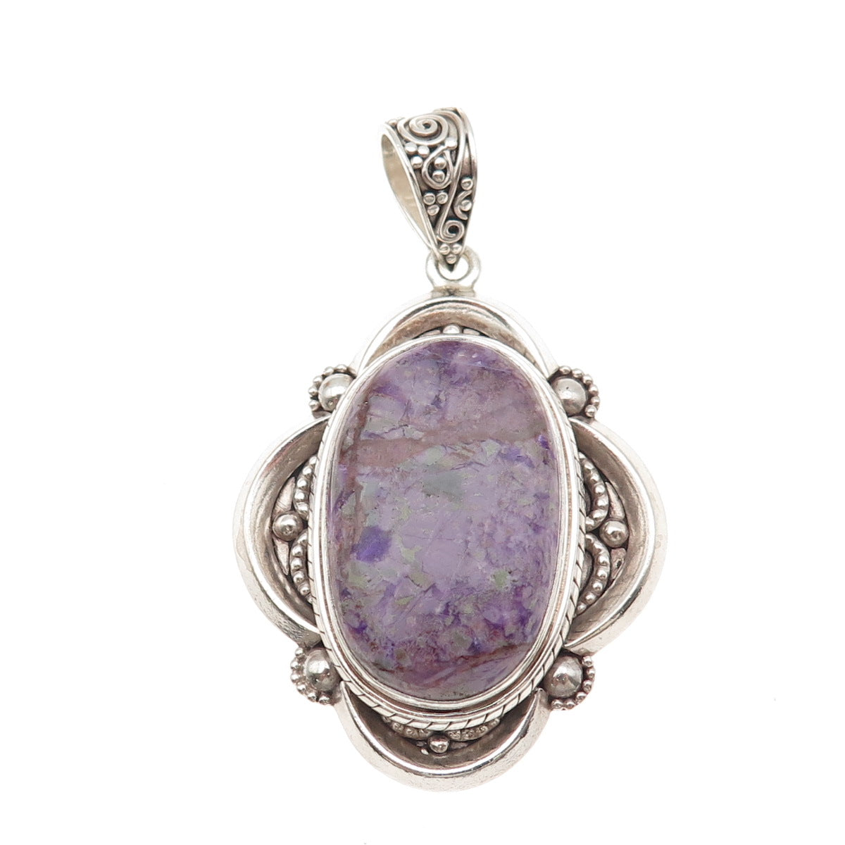 925 Sterling Silver Vintage Real Charoite Modernist Floral Oxidized Pendant