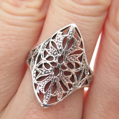 925 Sterling Silver Vintage Flower Oxidized Ring Size 8