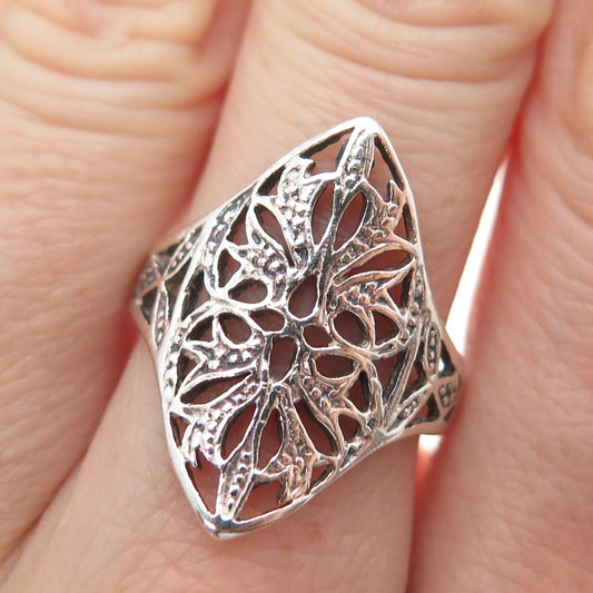 925 Sterling Silver Vintage Flower Oxidized Ring Size 8