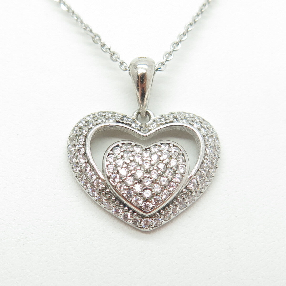 925 Sterling Silver Round-Cut C Z Double Heart Cable Chain Necklace 16"