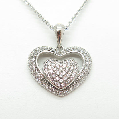 925 Sterling Silver Round-Cut C Z Double Heart Cable Chain Necklace 16"