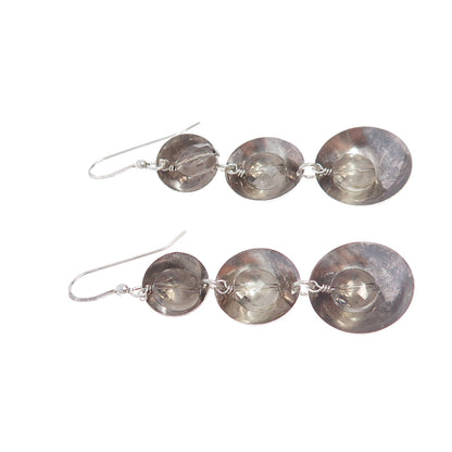 925 Sterling Silver Vintage Real Clear Quartz Modernist Oxidized Dangle Earrings