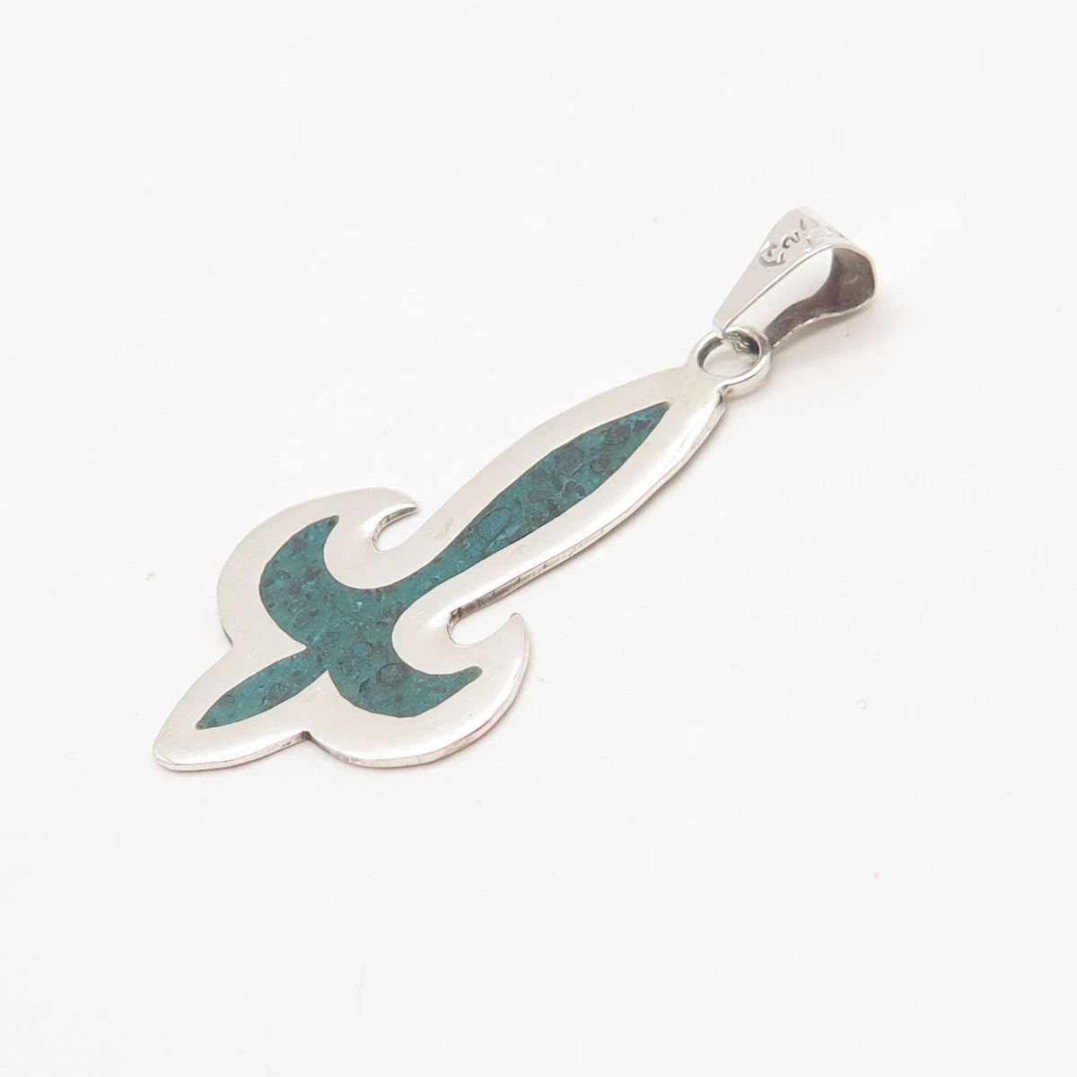 925 Sterling Silver Vintage Mexico Real Turquoise Gem Inlay Fleur-de-Lis Pendant