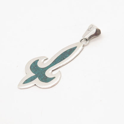 925 Sterling Silver Vintage Mexico Real Turquoise Gem Inlay Fleur-de-Lis Pendant