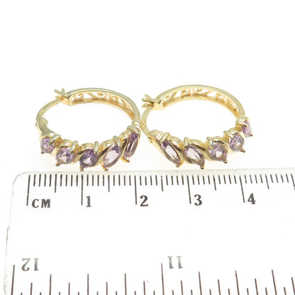 925 Sterling Silver Gold Plated Real Amethyst Gemstone Hinged Hoop Earrings