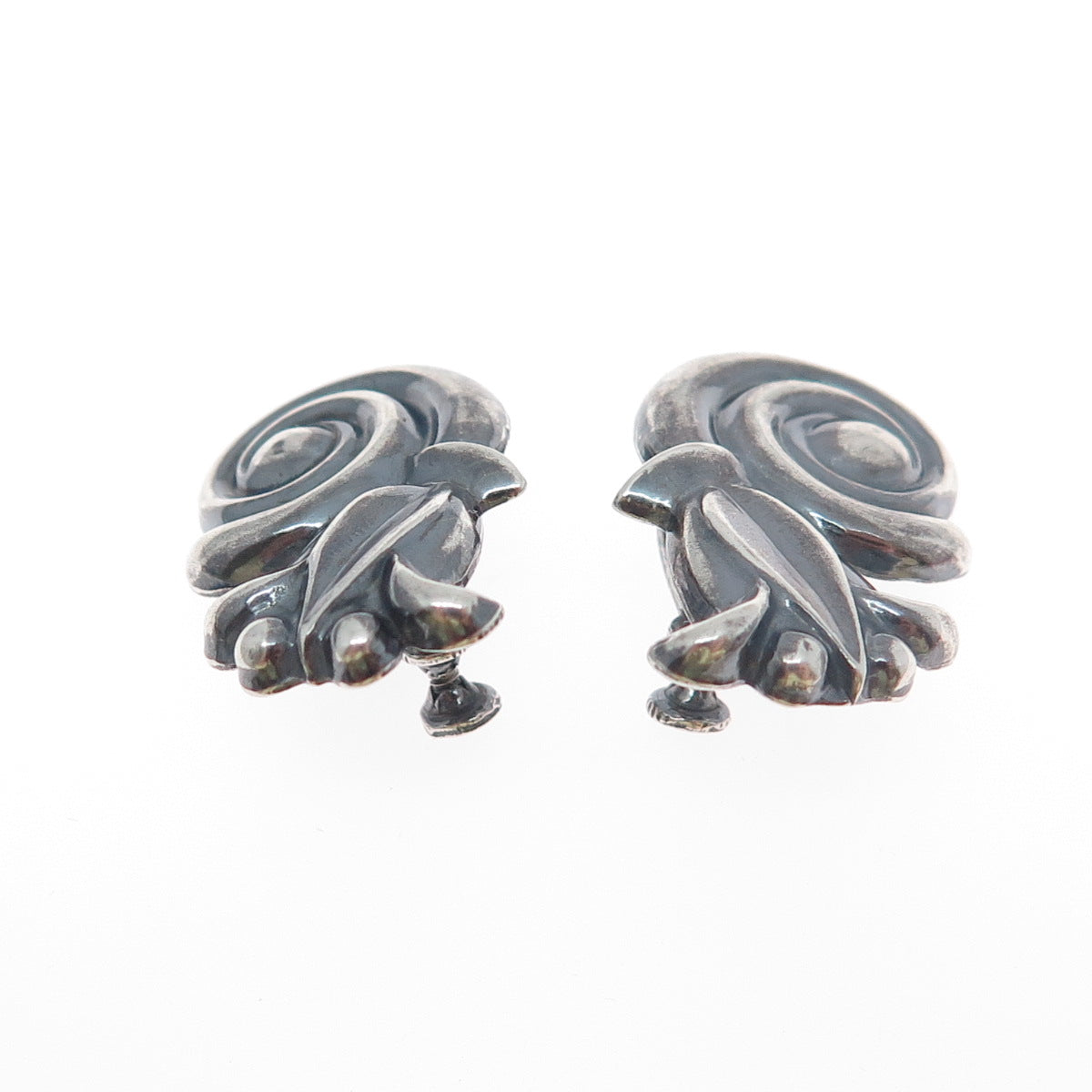 925 Sterling Silver Vintage Modernist Tulip Flower Oxidized Screw Back Earrings