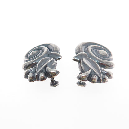 925 Sterling Silver Vintage Modernist Tulip Flower Oxidized Screw Back Earrings