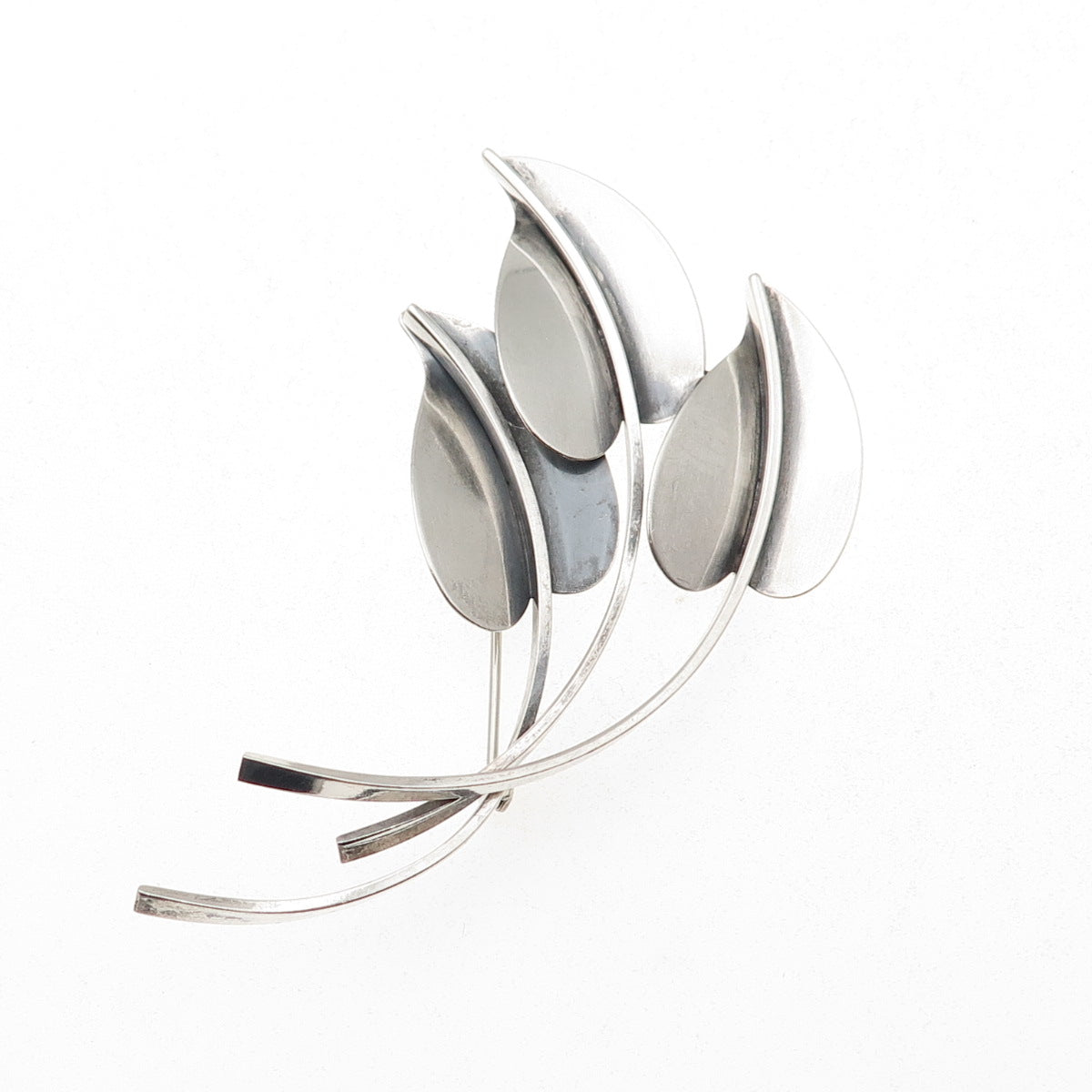 Beau 925 Sterling Silver Vintage Modernist Floral Leaf Oxidized Pin Brooch