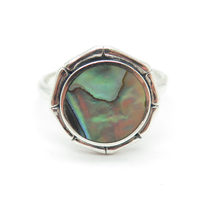 925 Sterling Silver Vintage Real Abalone Shell Modernist Bamboo Ring Size 8