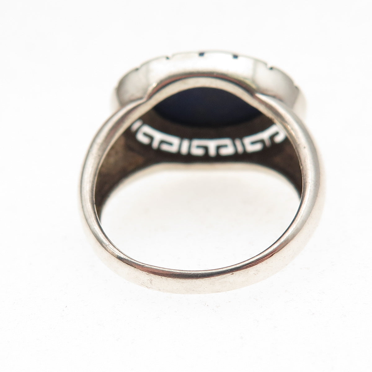925 Sterling Silver Vintage Real Lapis Greek Key Oxidized Ring Size 6
