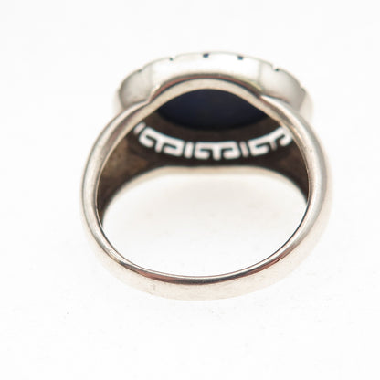 925 Sterling Silver Vintage Real Lapis Greek Key Oxidized Ring Size 6