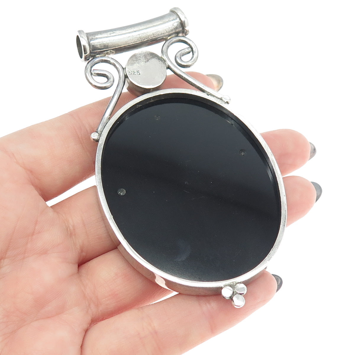 925 Sterling Silver Vintage Citrine MOP Black Onyx Agate Gem Inlay Lady Pendant