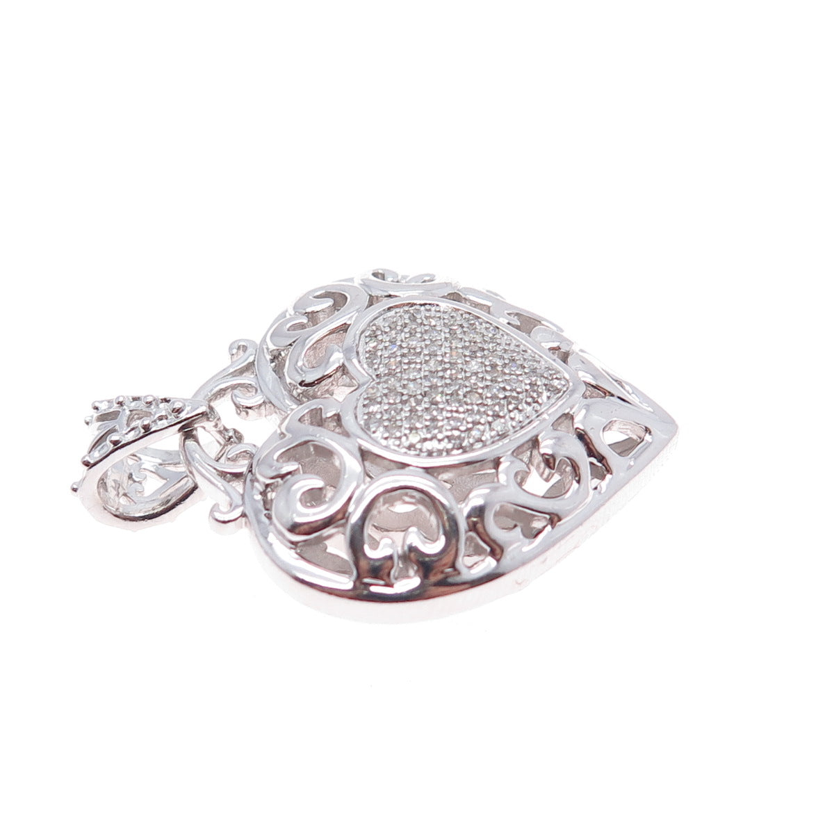 925 Sterling Silver Real Round-Cut Diamond Swirl Heart Charm Pendant