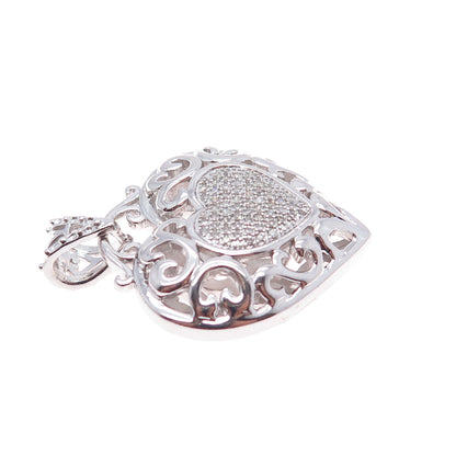 925 Sterling Silver Real Round-Cut Diamond Swirl Heart Charm Pendant
