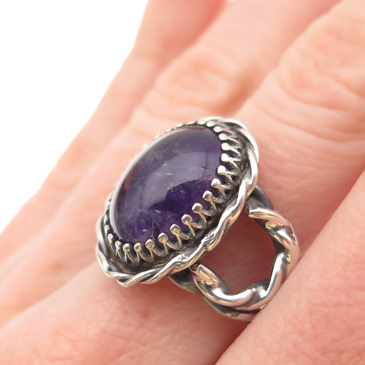 925 Sterling Silver Vintage Real Amethyst Modernist Oxidized Ring Size 6.75