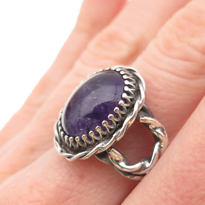 925 Sterling Silver Vintage Real Amethyst Modernist Oxidized Ring Size 6.75