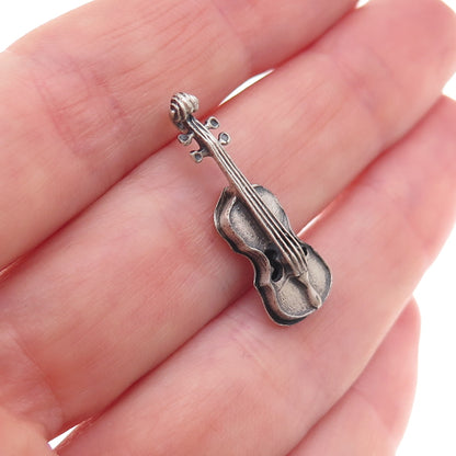 Beau 925 Sterling Silver Vintage Violin Oxidized 3D Charm Pendant