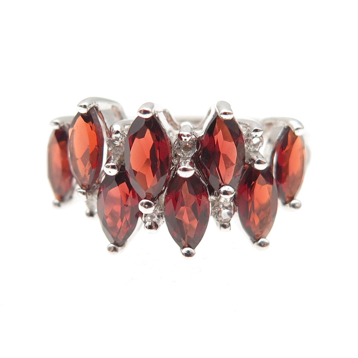 925 Sterling Silver Vintage Real Red Garnet & White Topaz Ring Size 6