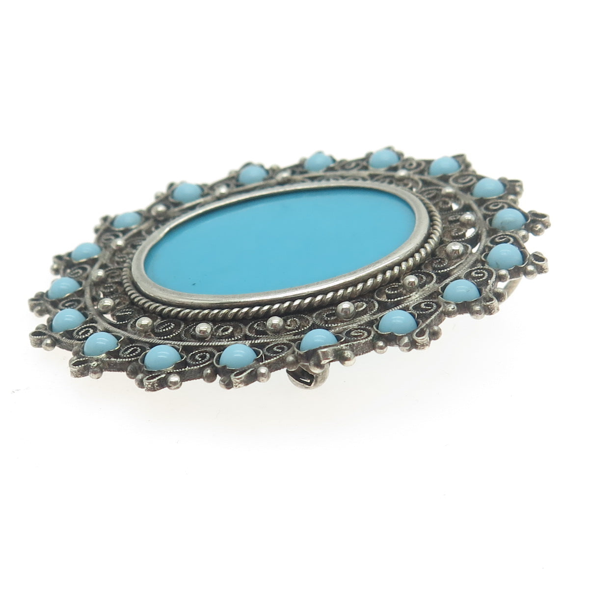 800 Silver Vintage Faux Turquoise Filigree Pin Brooch / Pendant