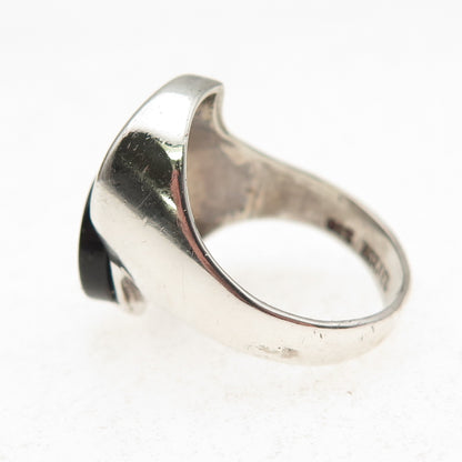 925 Sterling Silver Vintage Israel Real Black Onyx Modernist Flame Ring Size 6.5