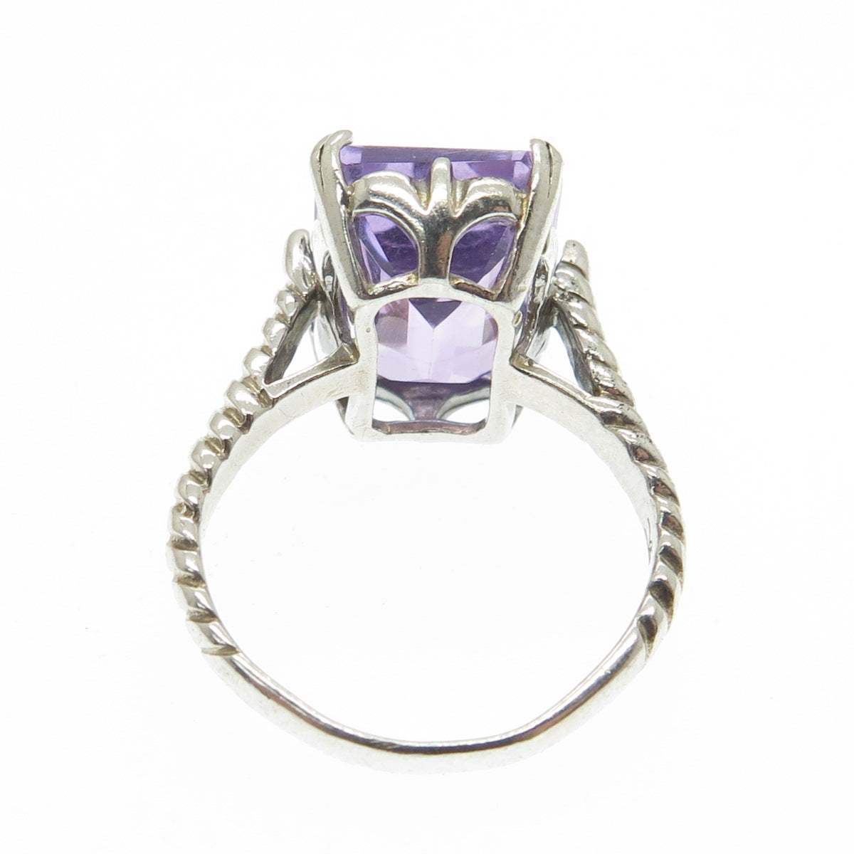 925 Sterling Silver Vintage Real Emerald-Cut Amethyst Twisted Ring Size 6.75