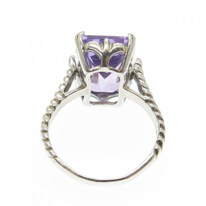 925 Sterling Silver Vintage Real Emerald-Cut Amethyst Twisted Ring Size 6.75