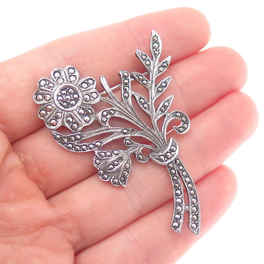 925 Sterling Silver Antique Real Marcasite Flower Pin Brooch (missing 2 stones)