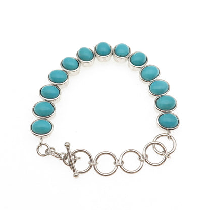 925 Sterling Silver Real Cabochon Tyrone Turquoise Link Bracelet 6-7"