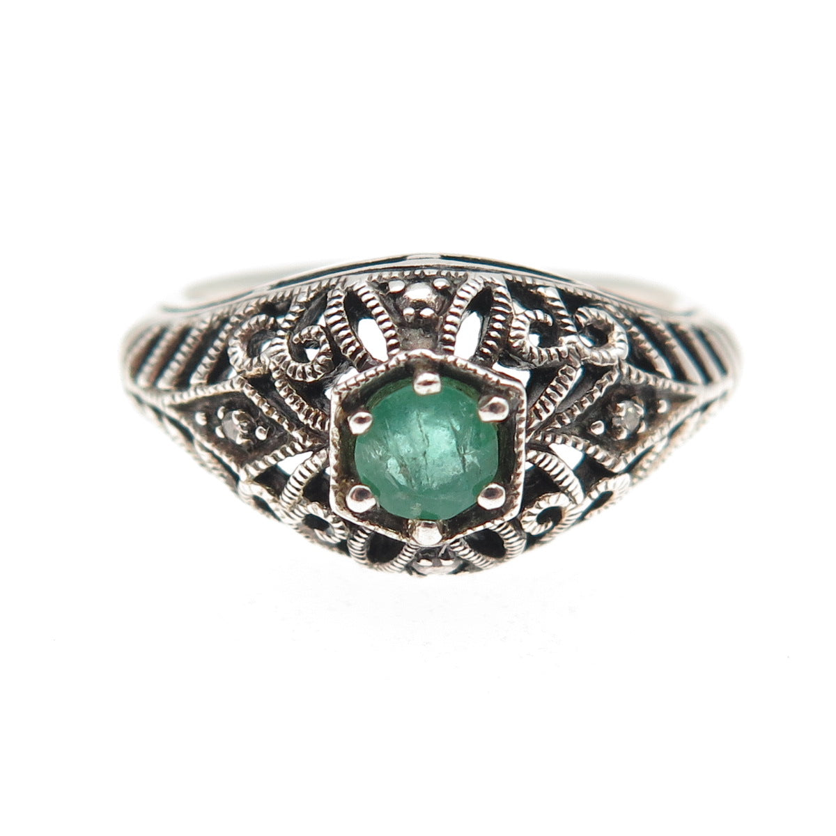 CNA Pranda 925 Sterling Silver Real Diamond & Emerald Oxidized Ring Size 6