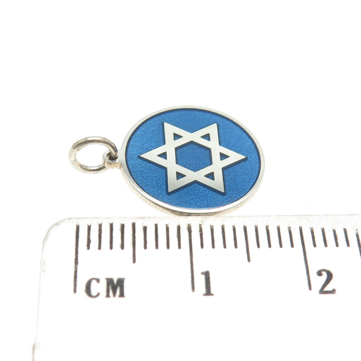 925 Sterling Silver Blue Enamel Star of David Round Tag Minimalist Charm Pendant