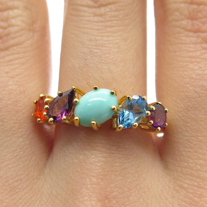 925 Sterling Silver Gold Plated Turquoise Topaz Amethyst & Opal Ring Size 9.25