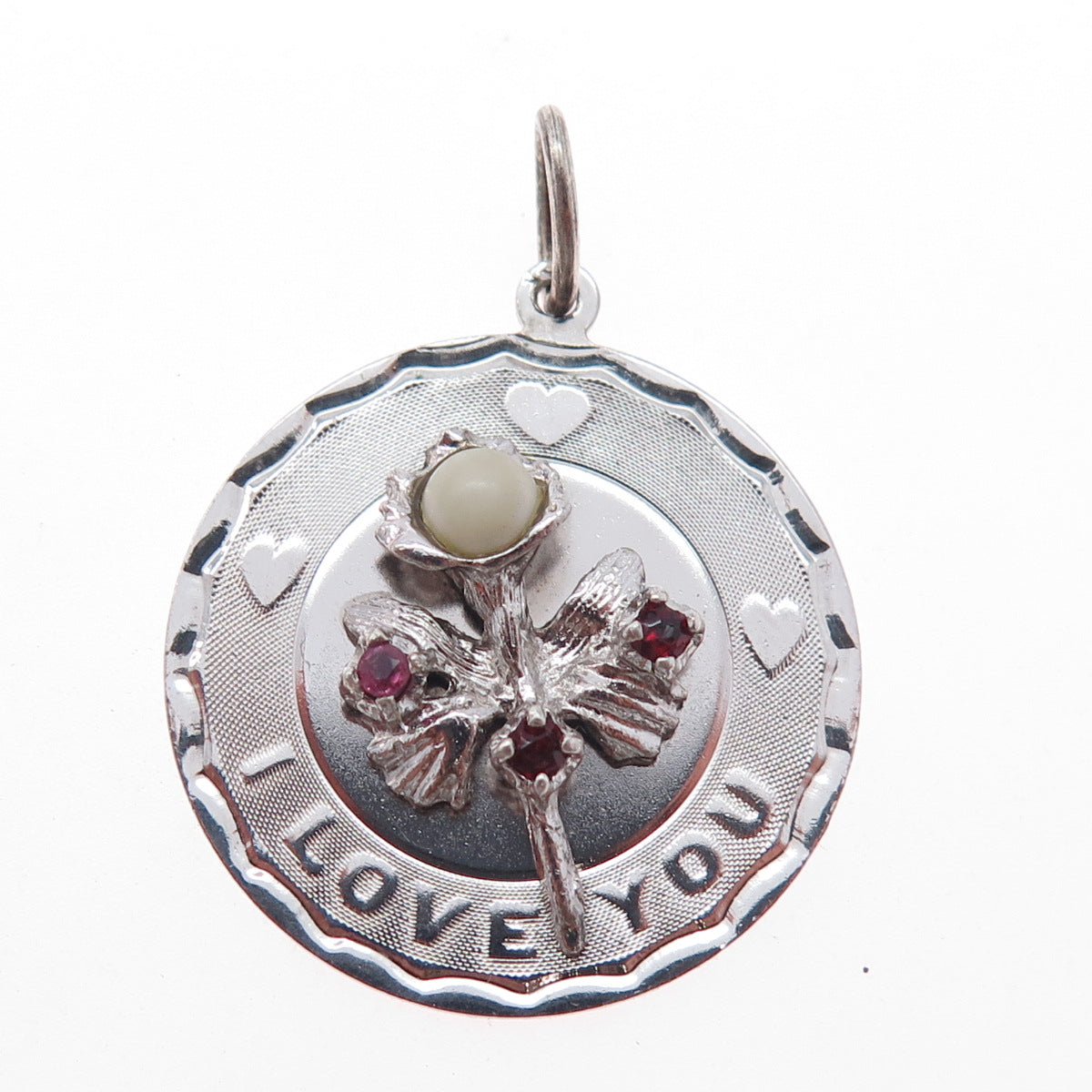 925 Sterling Silver Vintage Faux Pearl Real Ruby & Red Garnet I Love You Pendant