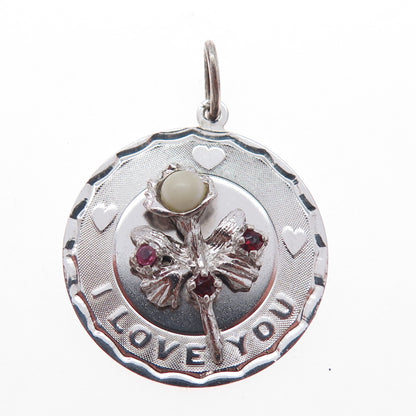 925 Sterling Silver Vintage Faux Pearl Real Ruby & Red Garnet I Love You Pendant