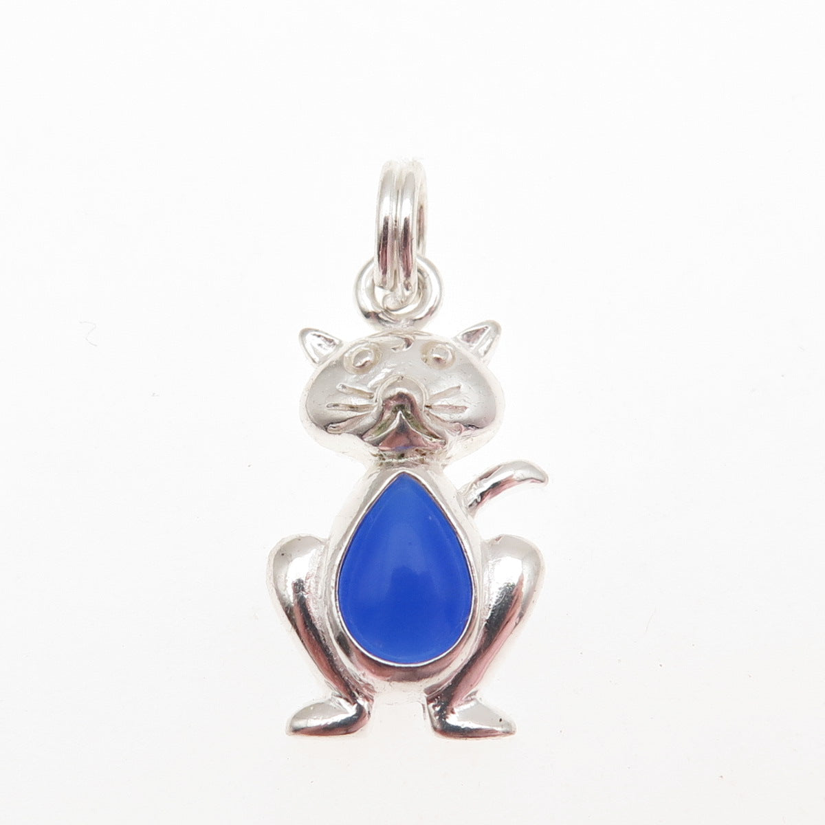 925 Sterling Silver Vintage Real Blue Chalcedony Cat Charm Pendant