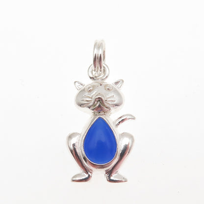 925 Sterling Silver Vintage Real Blue Chalcedony Cat Charm Pendant