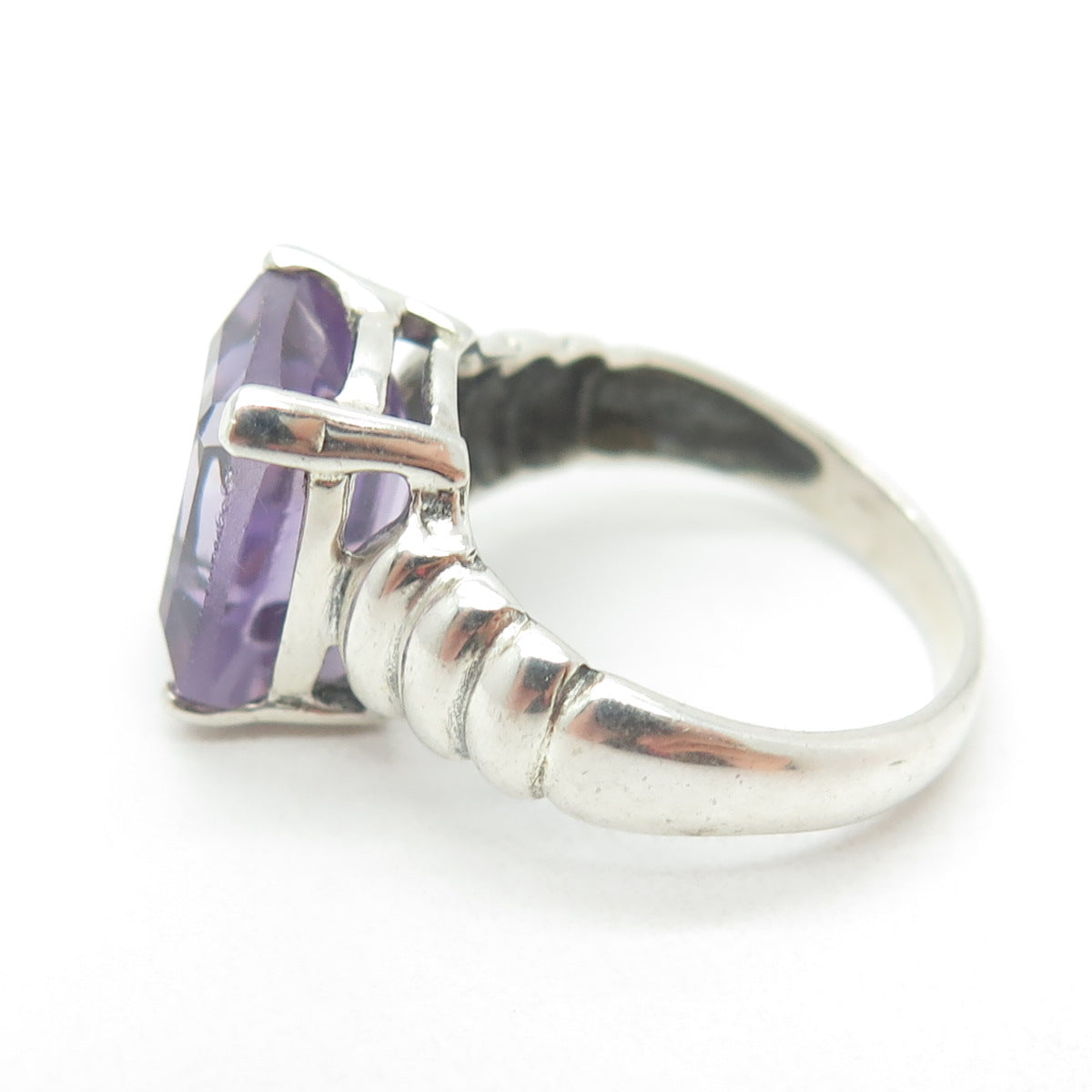 925 Sterling Silver Vintage Real Emerald-Cut Amethyst Ring Size 7