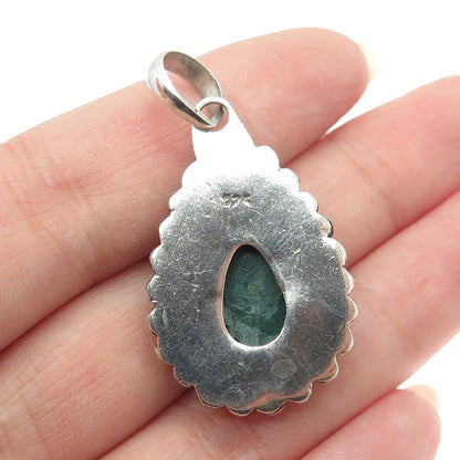 925 Sterling Silver Vintage Real Malachite Gemstone Ethnic Teardrop Pendant