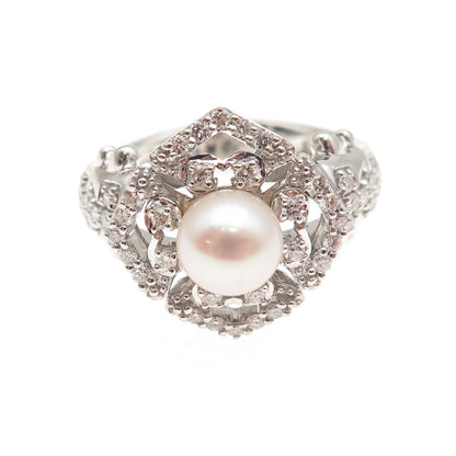 925 Sterling Silver Real Diamond & Pearl Floral Ring Size 10.25