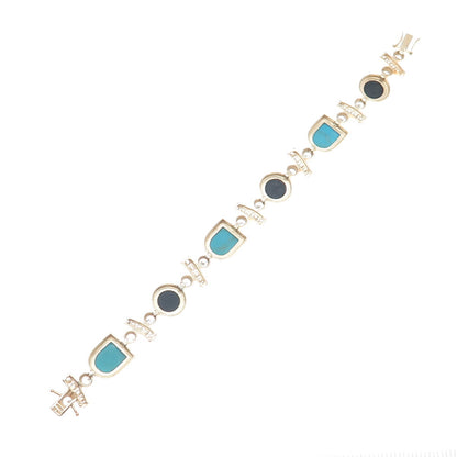 ROSS SIMONS 925 Sterling Silver 2-Tone Real Turquoise Onyx & C Z Bracelet 8"