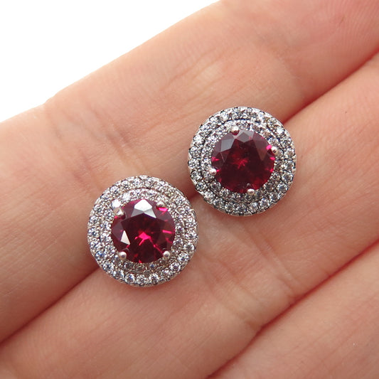 925 Sterling Silver Round-Cut Lab-Created Ruby & C Z Stud Earrings