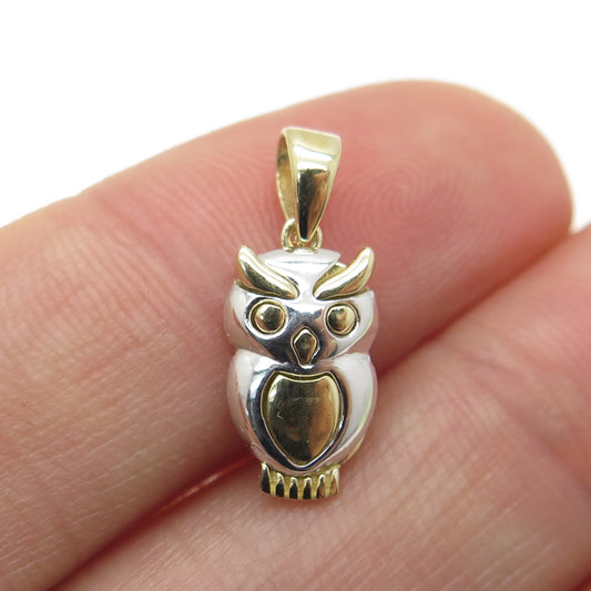 14K Yellow & White Gold Wise Owl Bird Minimalist Charm Pendant