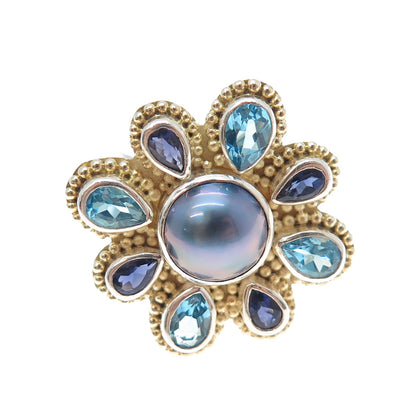 925 Sterling Vintage Real Pearl Topaz & Tanzanite Flower Adjustable Ring Size 7