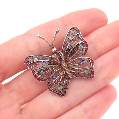 925 Sterling Silver Antique Art Deco Enamel Butterfly Filigree Pin Brooch